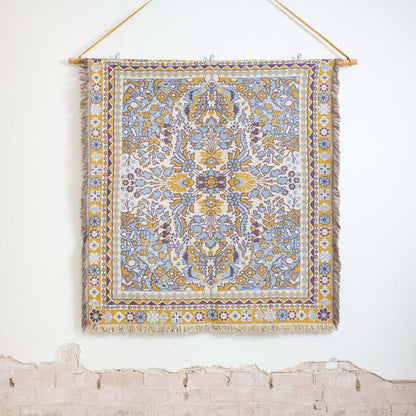 mustard and sky blue picnic rug